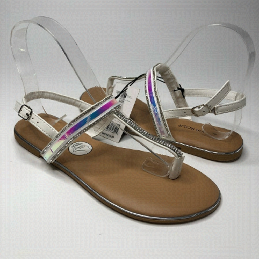 NEW Via Rosa Holographic Silver Jewelled T-Strap Flat Diva Summer Sandals SIZE 6